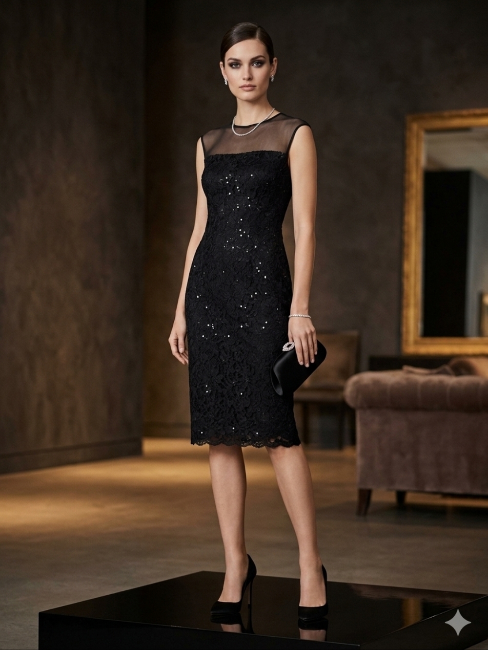 Lauren Ralph Lauren Black Lace & Mesh Midi Dress